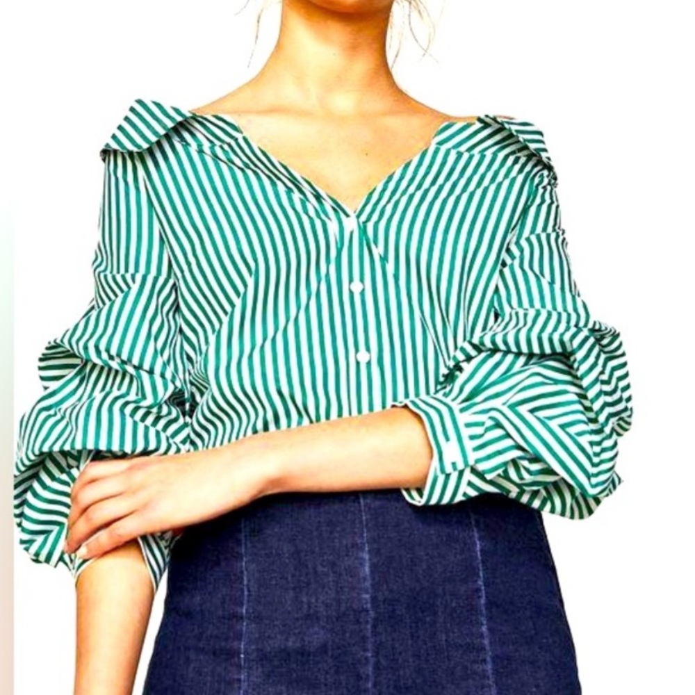Zara Green White Striped Off-Shoulder Button Down Shirt